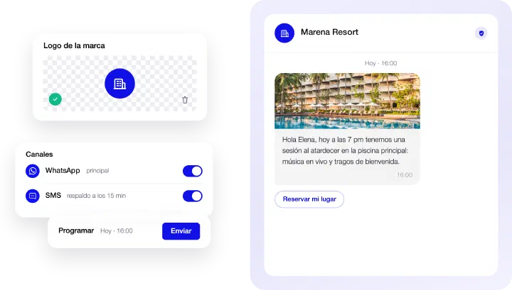 Compositor de campañas: logo de la marca, WhatsApp como canal principal con respaldo por SMS a los 15 minutos, programado para hoy a las 16:00 y vista previa del mensaje de Marena Resort con un botón Reservar mi lugar