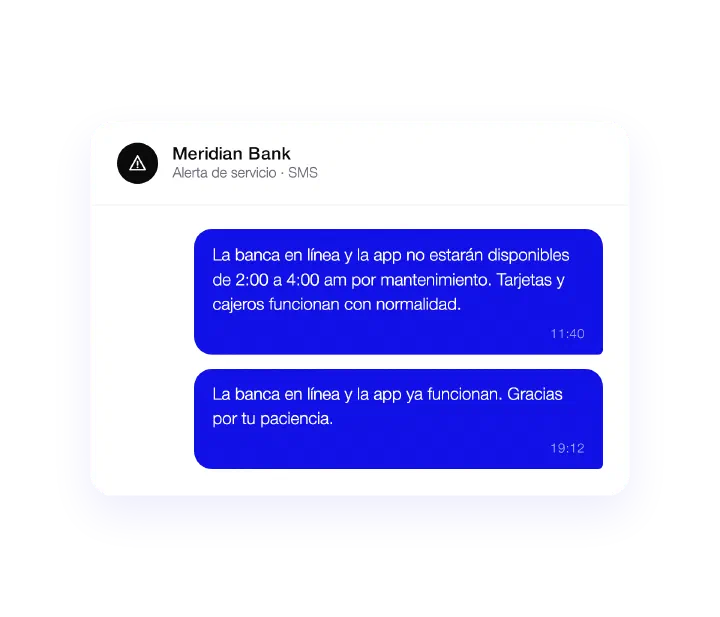 Alerta de servicio por SMS de Meridian Bank: aviso de mantenimiento programado y, después, un mensaje de servicio restablecido