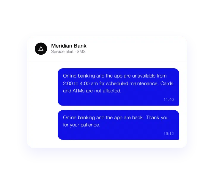 Meridian Bank SMS service alert: scheduled maintenance notice, followed by a service-restored message