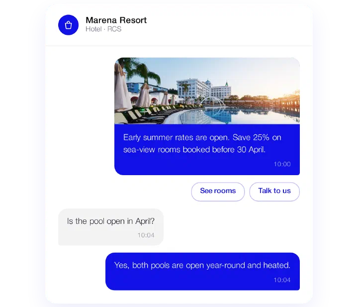 Marena Resort RCS conversation: early summer rates offer with See rooms and Talk to us buttons, and a customer question about the pool