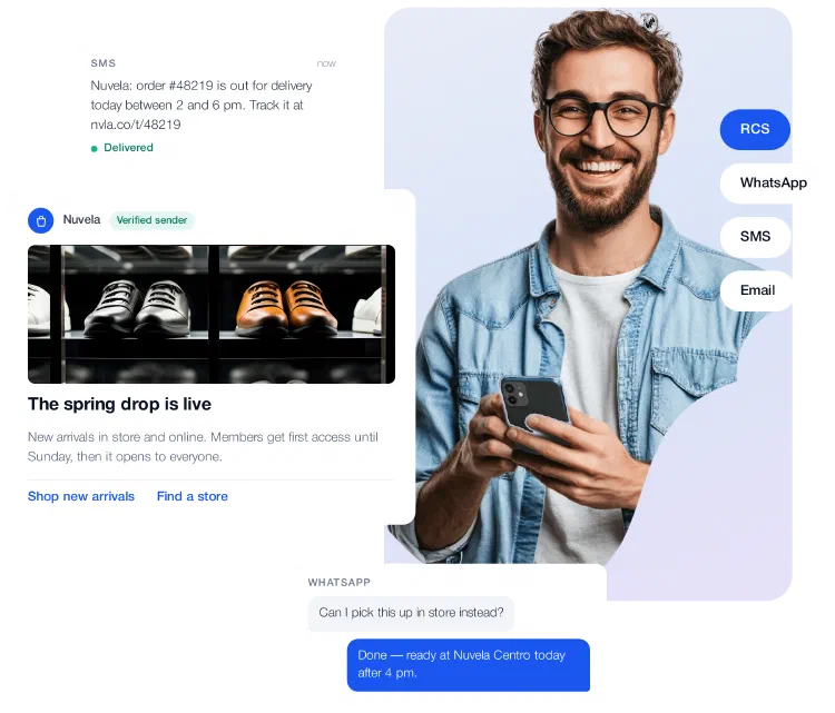 Person on a phone receiving SMS, RCS and WhatsApp messages from one brand