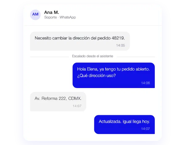 Conversación con un agente en WhatsApp, escalada desde el asistente para cambiar una dirección de entrega