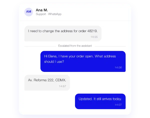 Live agent conversation on WhatsApp, escalated from the assistant to change a delivery address